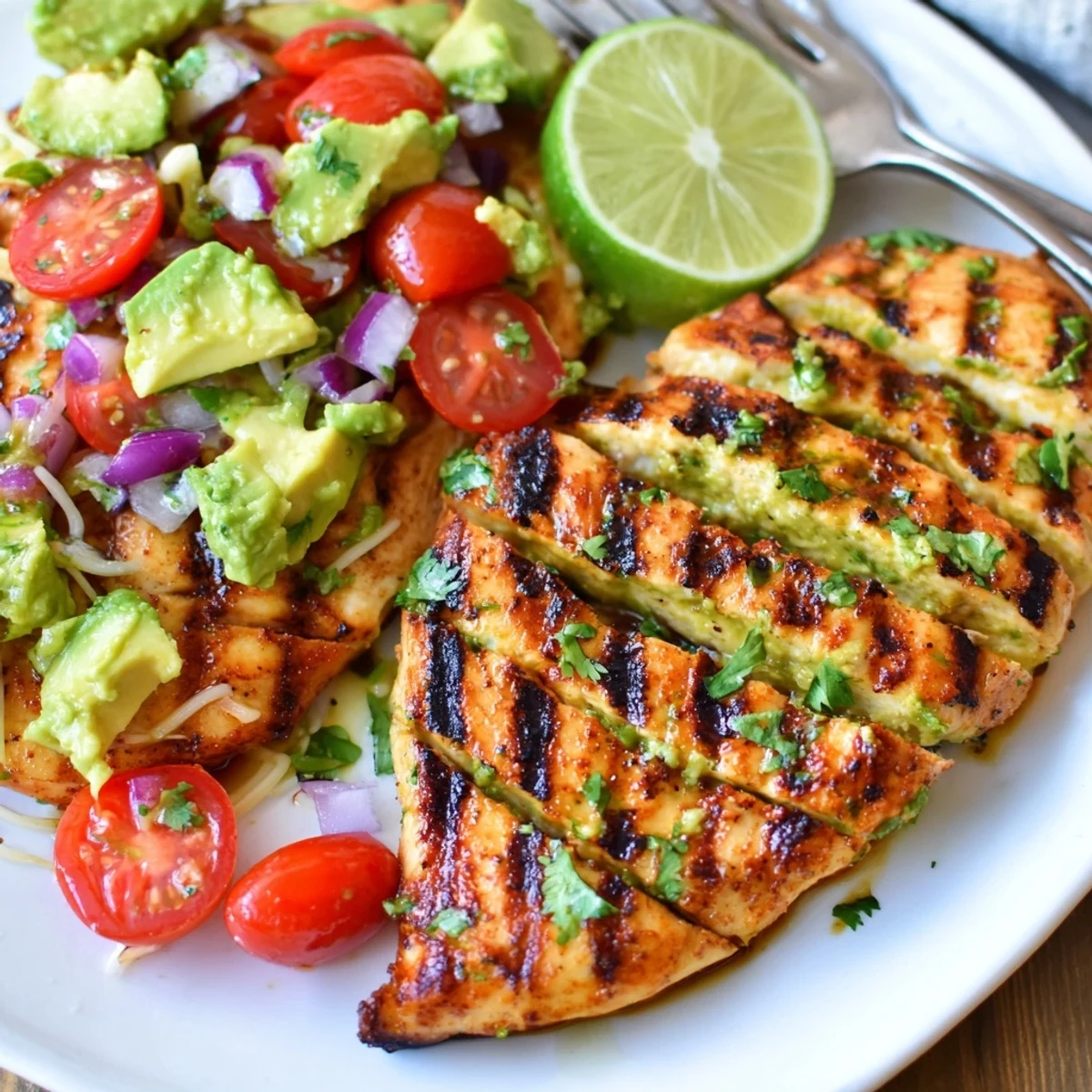 Juicy Fiesta Lime Chicken With Avocado marinated in zesty lime, garlic, and spices