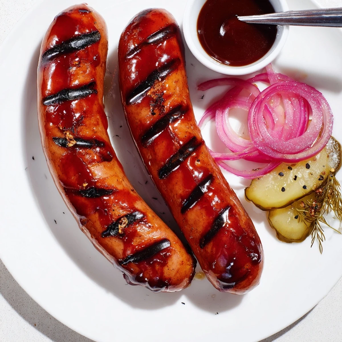 BBQ Sausage Recipe: charred, glossy links brushed with tangy sauce on grill