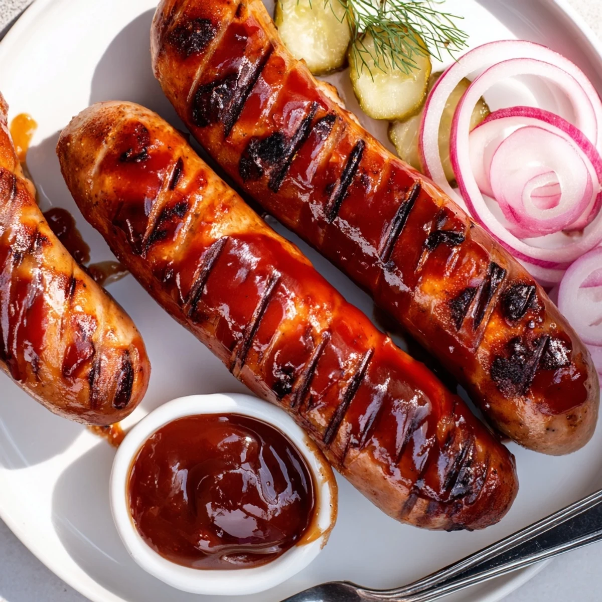Smoky BBQ Sausage Recipe served in toasted buns with pickles and coleslaw
