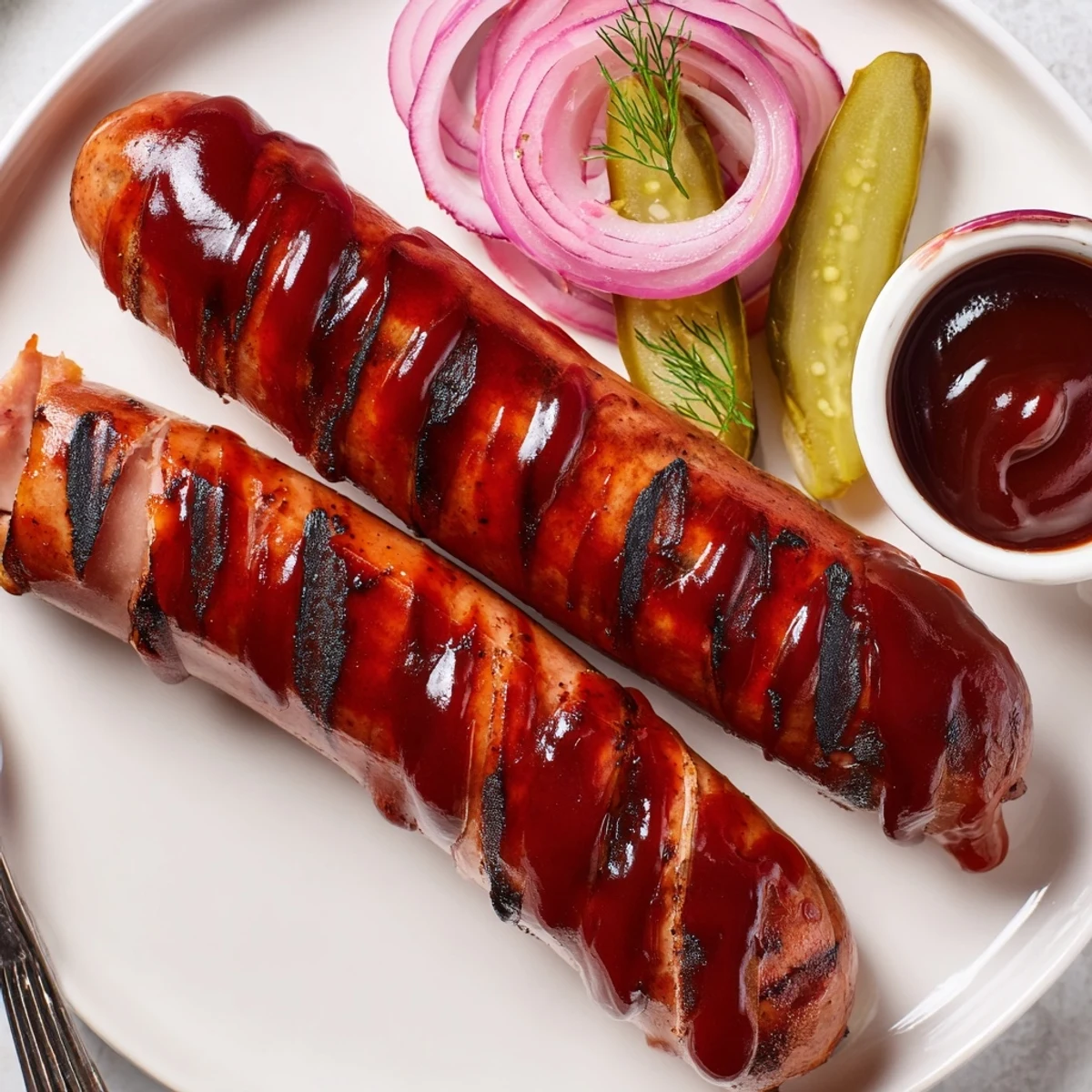 Home-grilled BBQ Sausage Recipe caramelized with brown sugar glaze, steaming on plate