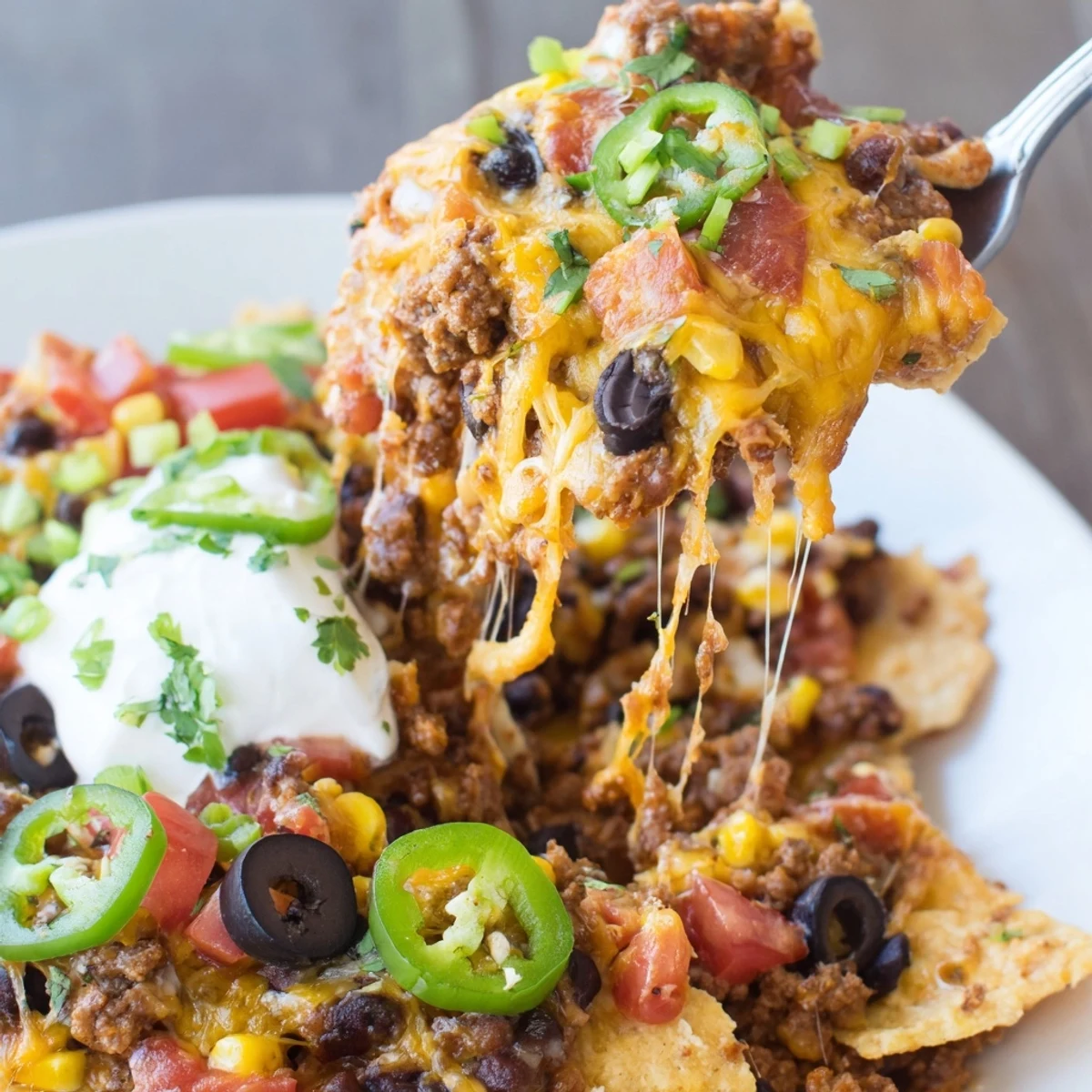 Cheesy Nacho Casserole bubbling golden, layered chips and seasoned beef, ready to serve