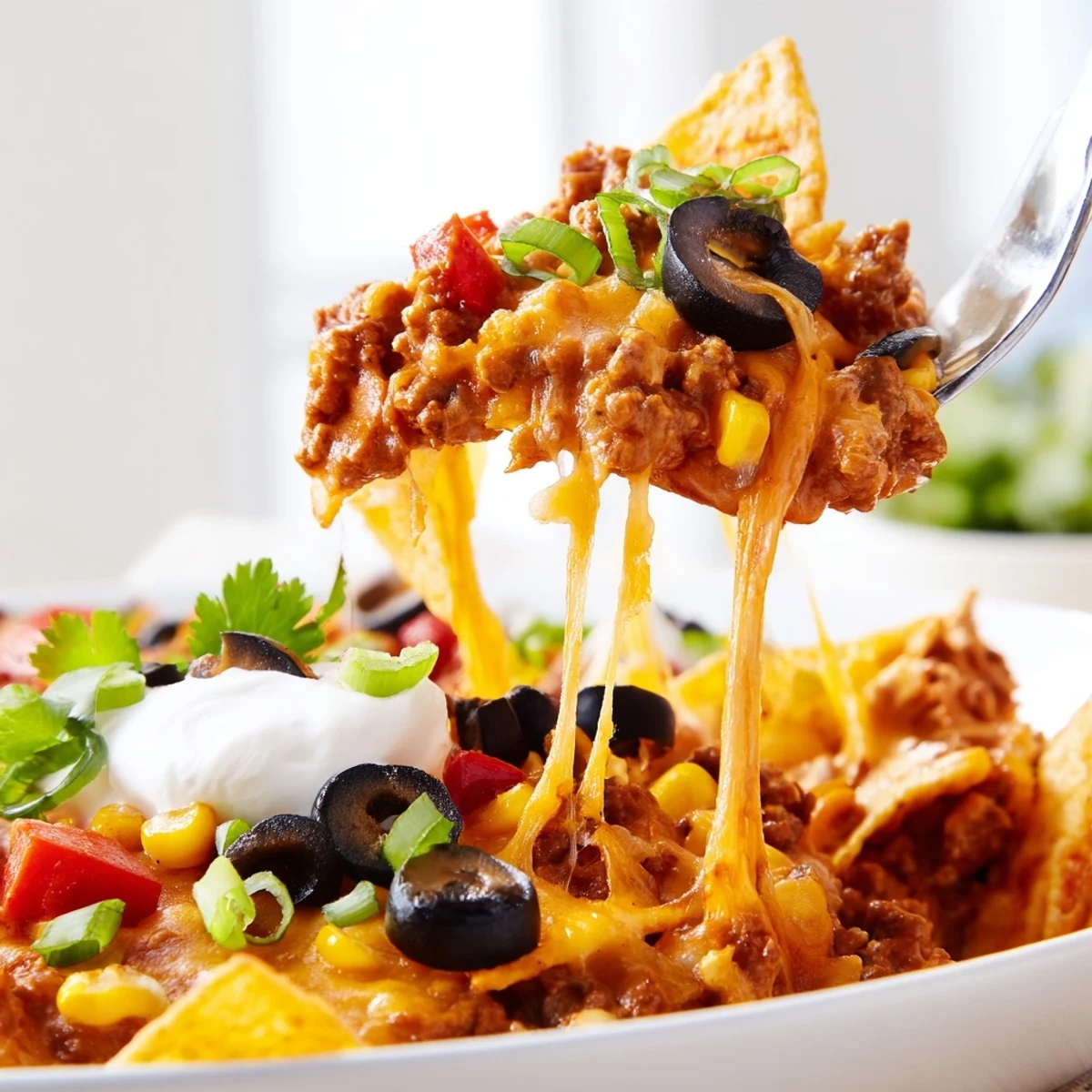 Warm Cheesy Nacho Casserole topped with sour cream, cilantro, sliced jalapeños