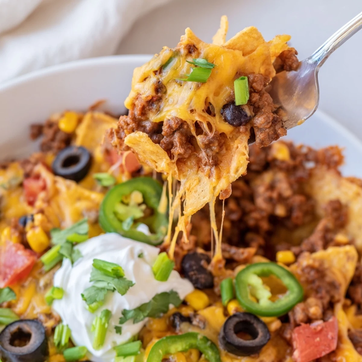 Family-style Cheesy Nacho Casserole with crunchy chips, melted cheddar, perfect game-night comfort