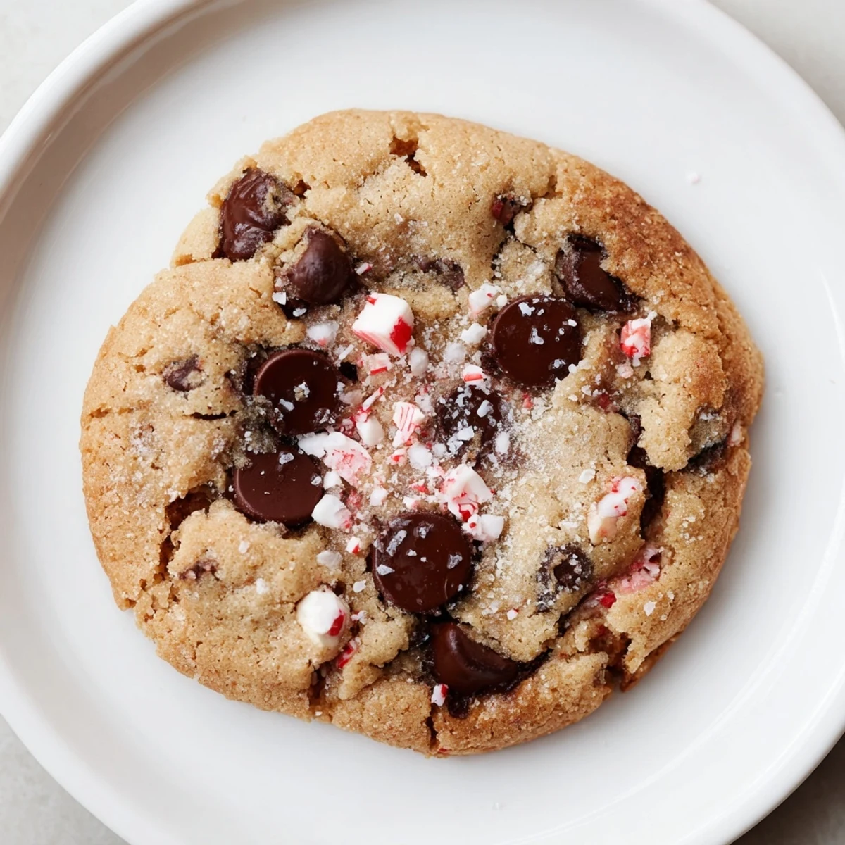 Warm Peppermint Chocolate Chip Cookies on parchment, chocolate melting, crushed candy garnish.
