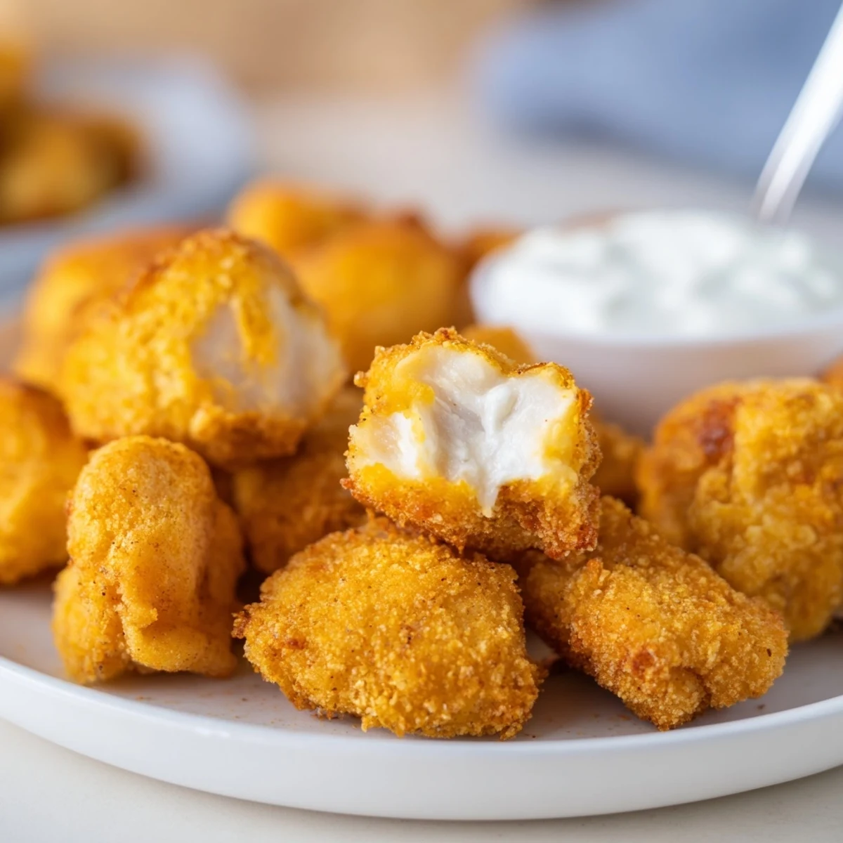 Crispy golden Chicken Bites piled on paper towels, steam rising, dipping sauce.