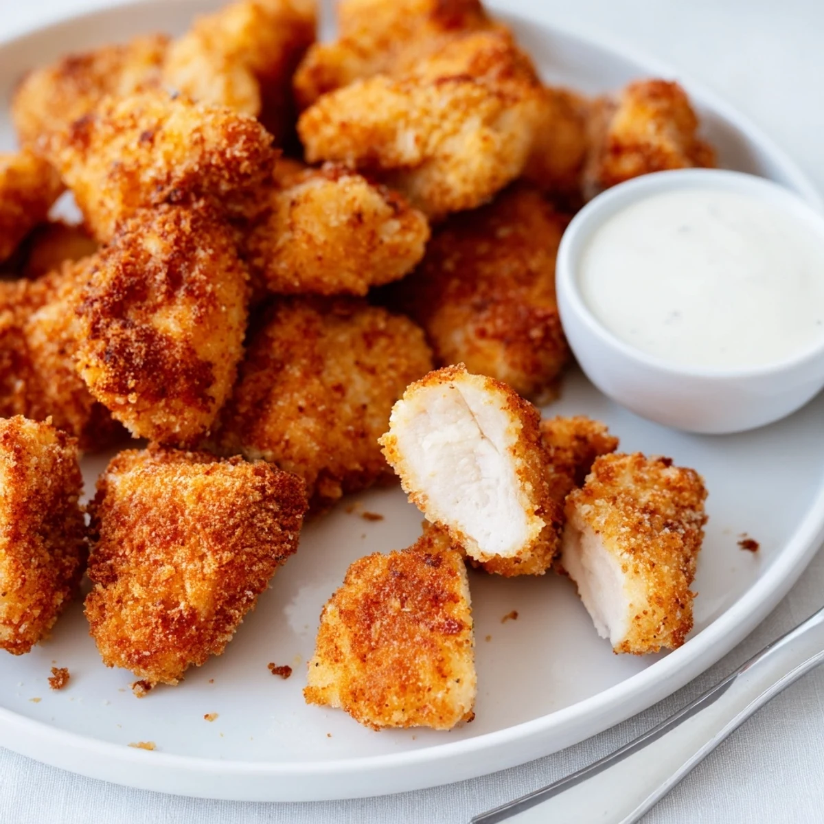 Buttermilk marinated Chicken Bites frying to a crunchy crust, served with ranch.