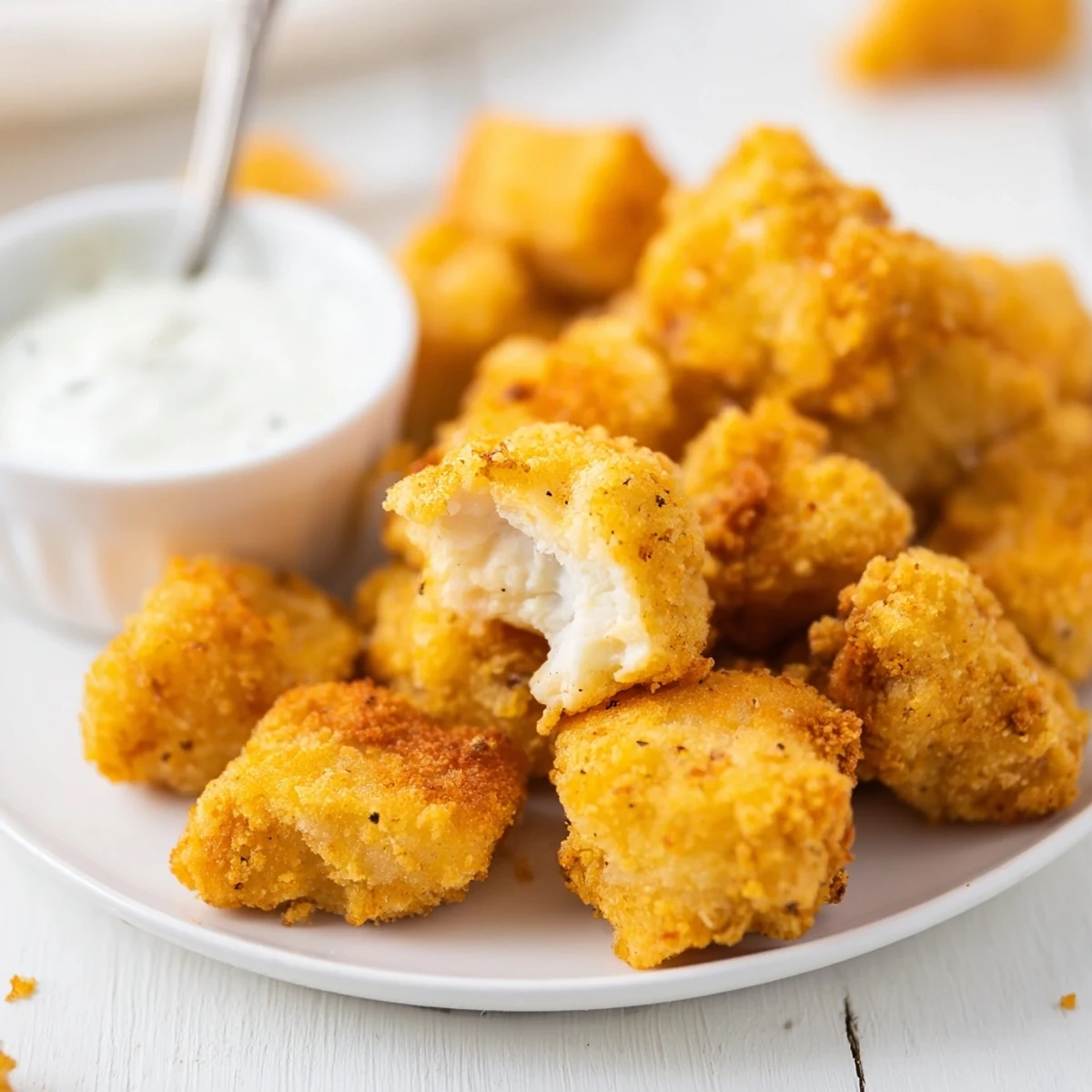Warm Chicken Bites glistening, seasoned crust, great for parties or snacking.