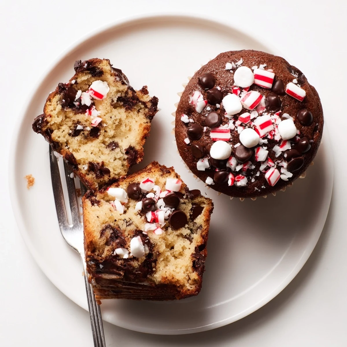 Peppermint Hot Chocolate Muffins with melty chocolate chips and crushed peppermint topping
