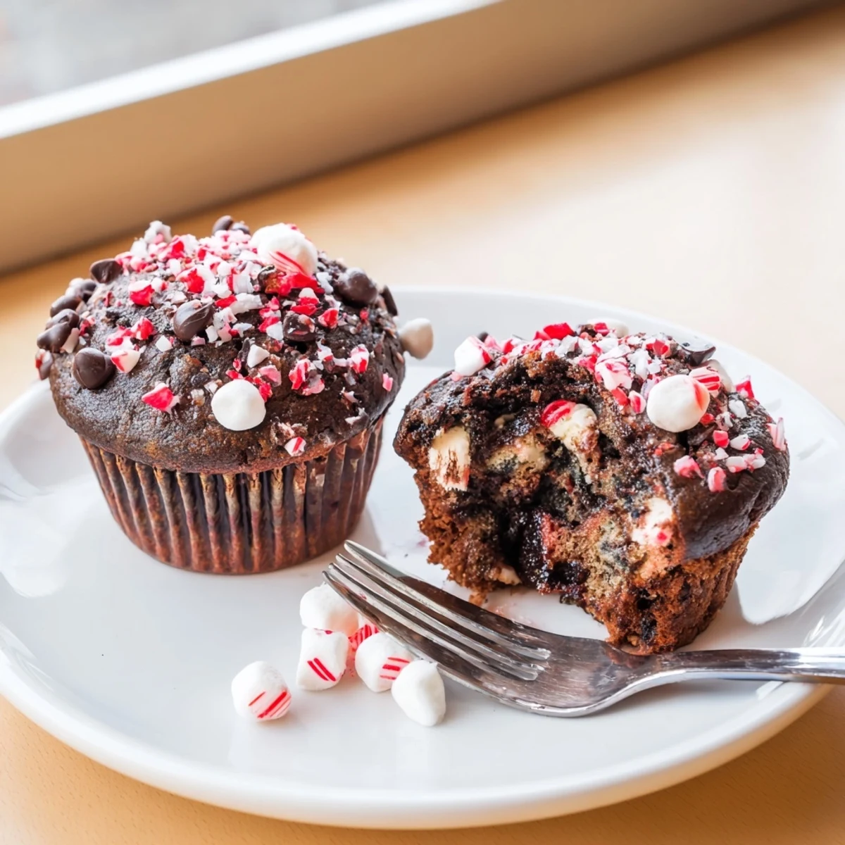 Warm Peppermint Hot Chocolate Muffins served with whipped cream and cocoa dust