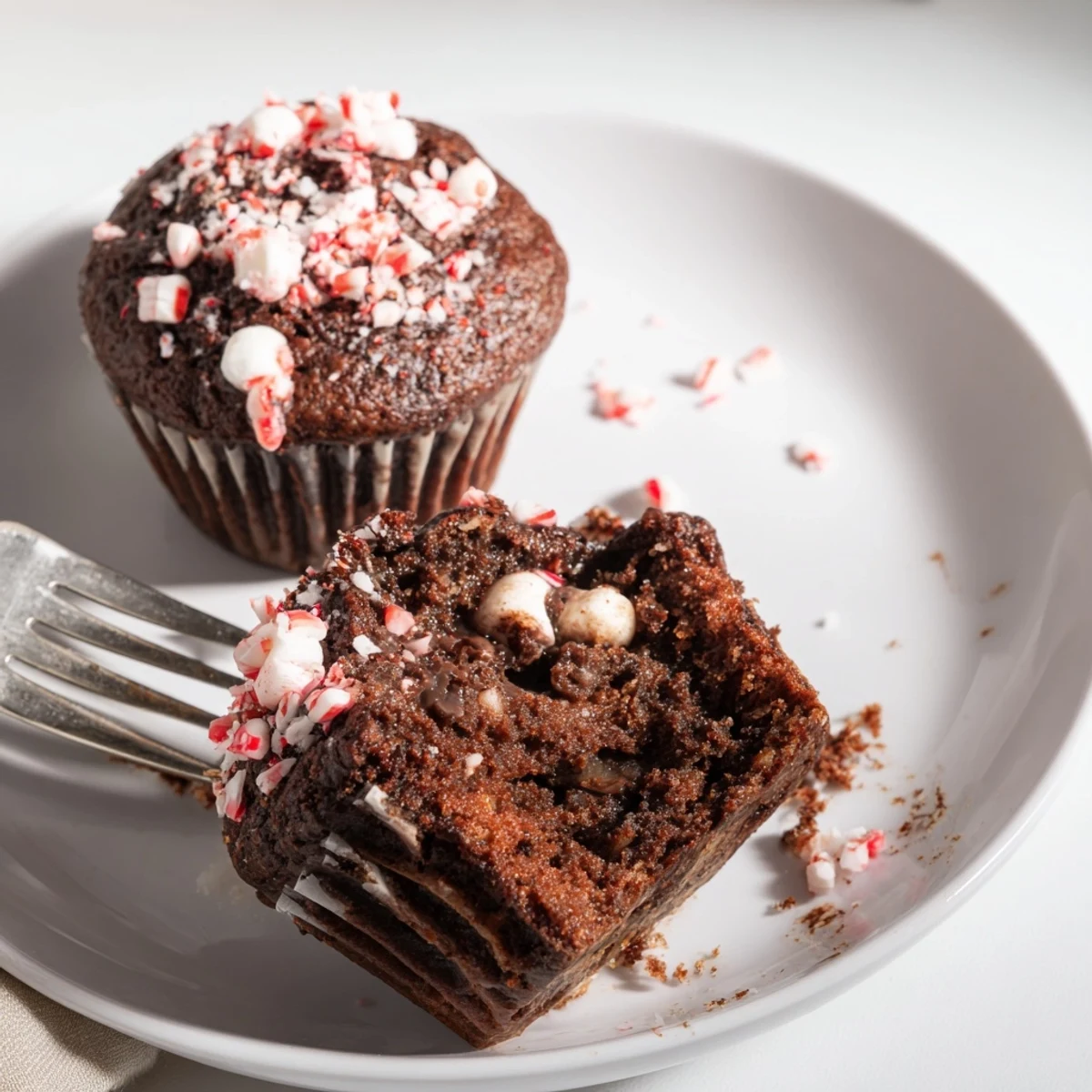 Freshly baked Peppermint Hot Chocolate Muffins cooling on a wire rack