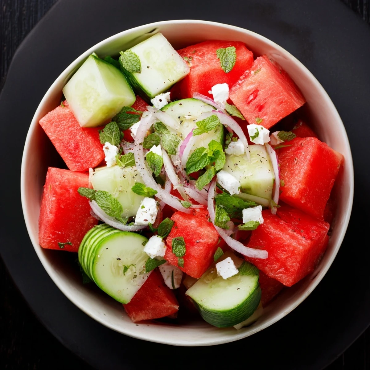 Watermelon Cucumber Salad with bright lime dressing, mint, and crunchy cucumber