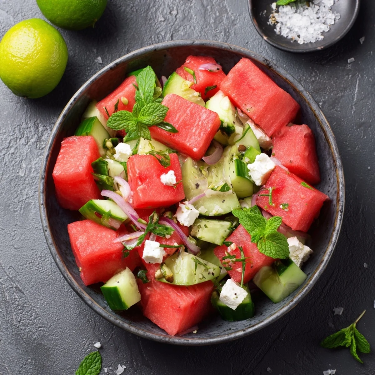Chilled Watermelon Cucumber Salad tossed in olive oil-lime dressing, garnished with mint
