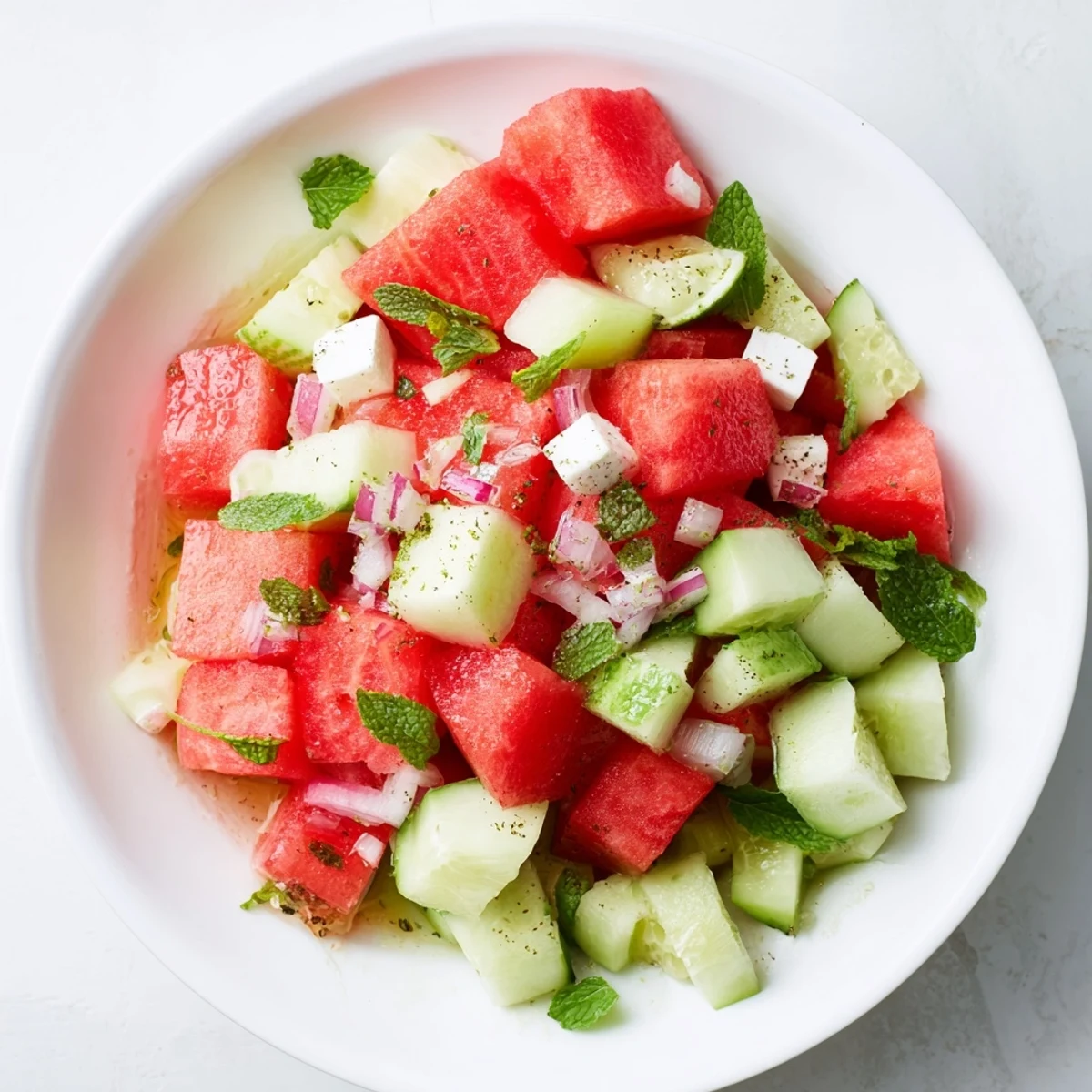 Watermelon Cucumber Salad served with crumbled feta, red onion, and picnic-ready freshness