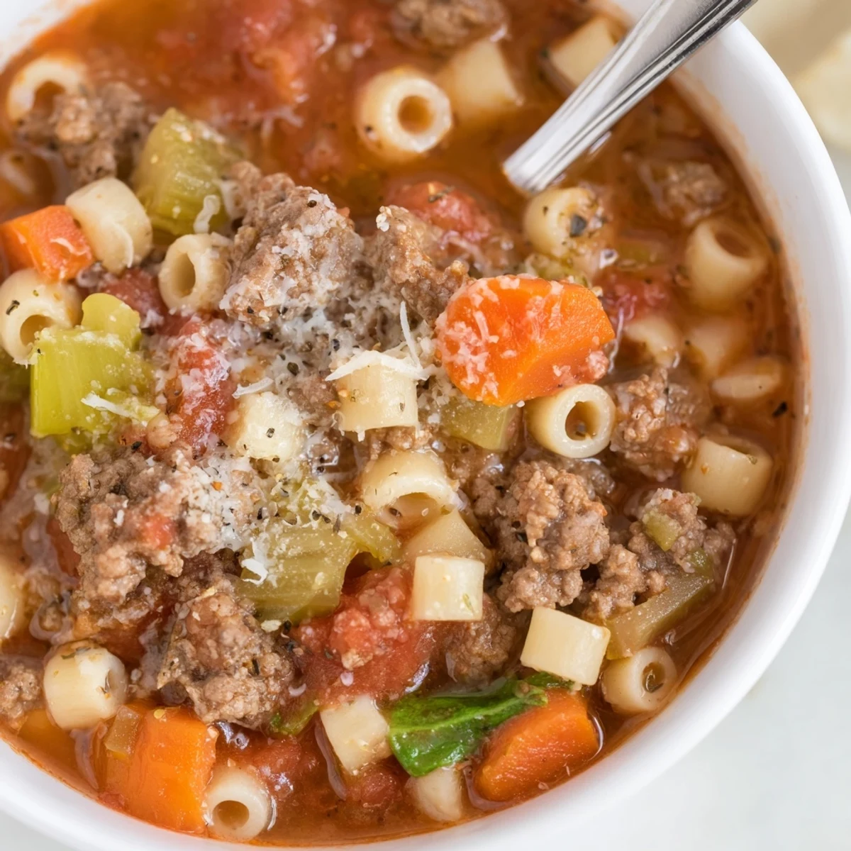 Aromatic steaming bowl of Delicious Homemade Ground Beef Pasta Soup Recipe For Comfort