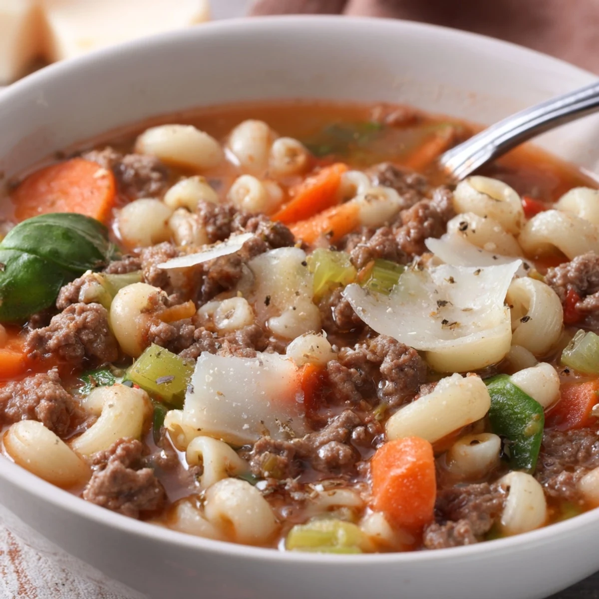 Delicious Homemade Ground Beef Pasta Soup Recipe For Comfort, served with crusty bread