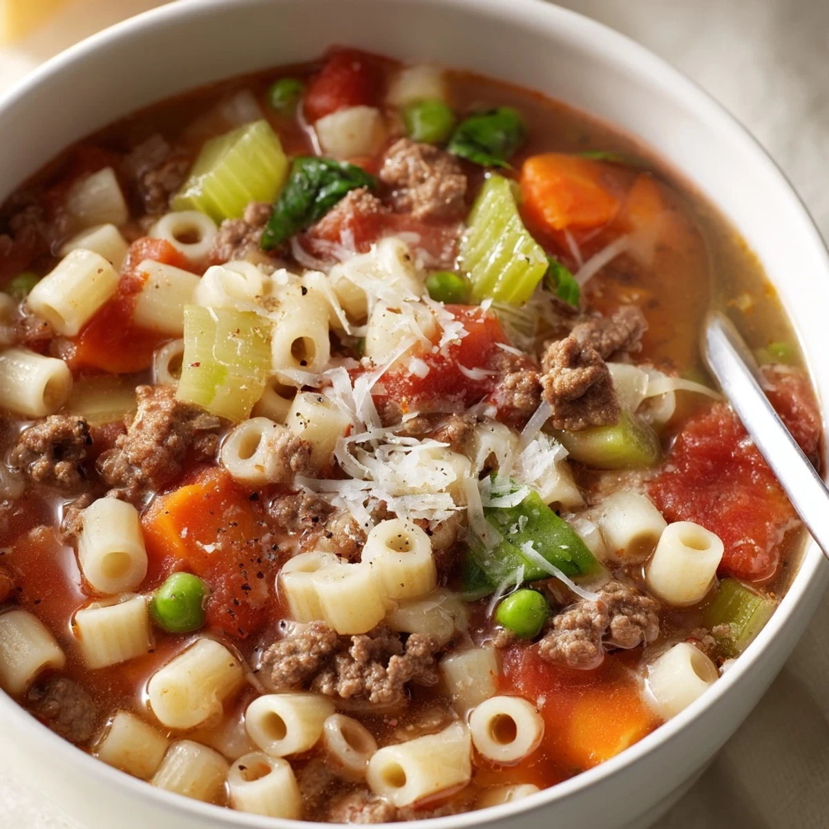 Close up spoonful from Delicious Homemade Ground Beef Pasta Soup Recipe For Comfort, savory
