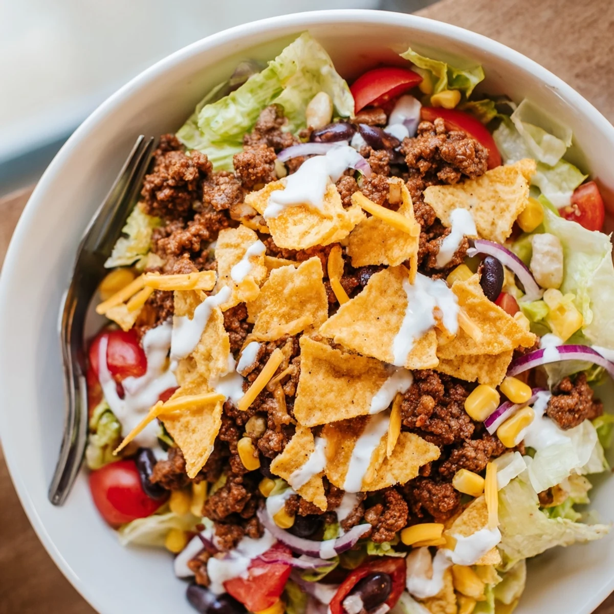 Simple Doritos Taco Salad with warm seasoned beef, crunchy chips, fresh lettuce