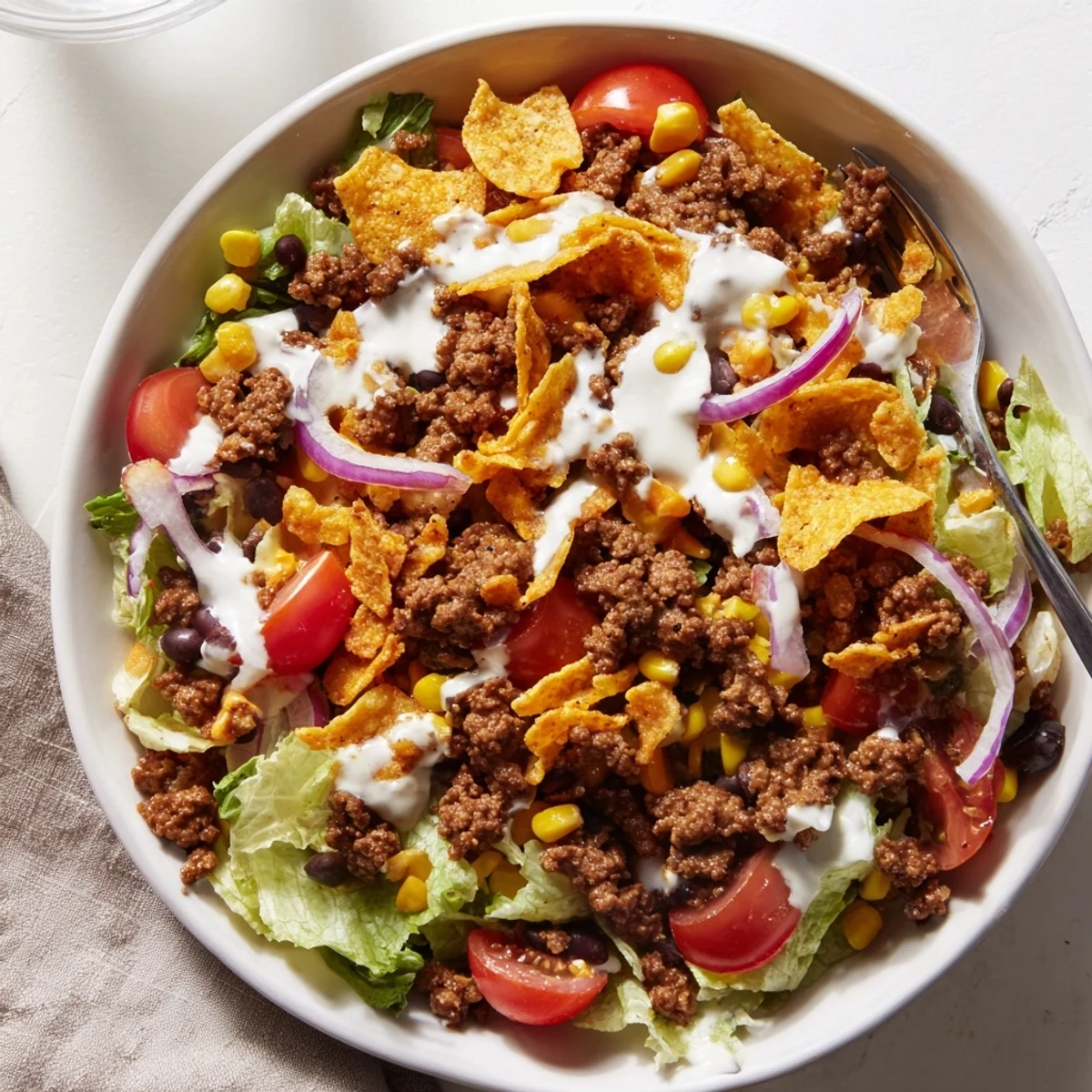 Tossed moments before serving, creamy ranch coats Simple Doritos Taco Salad
