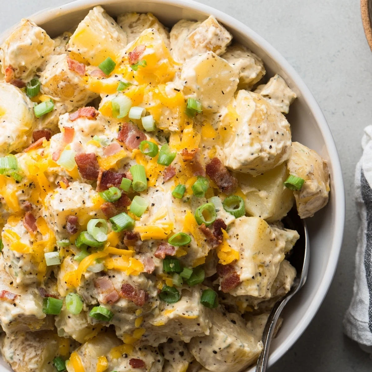 Hearty Beef Bacon Loaded Potato Salad piled in bowl, sharp cheddar melting