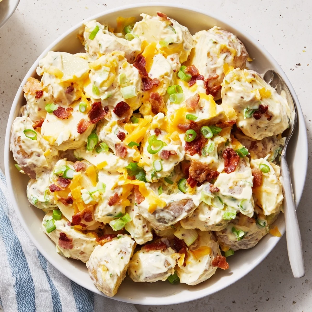 Beef Bacon Loaded Potato Salad glistening with creamy dressing, crisp bacon, fresh herbs