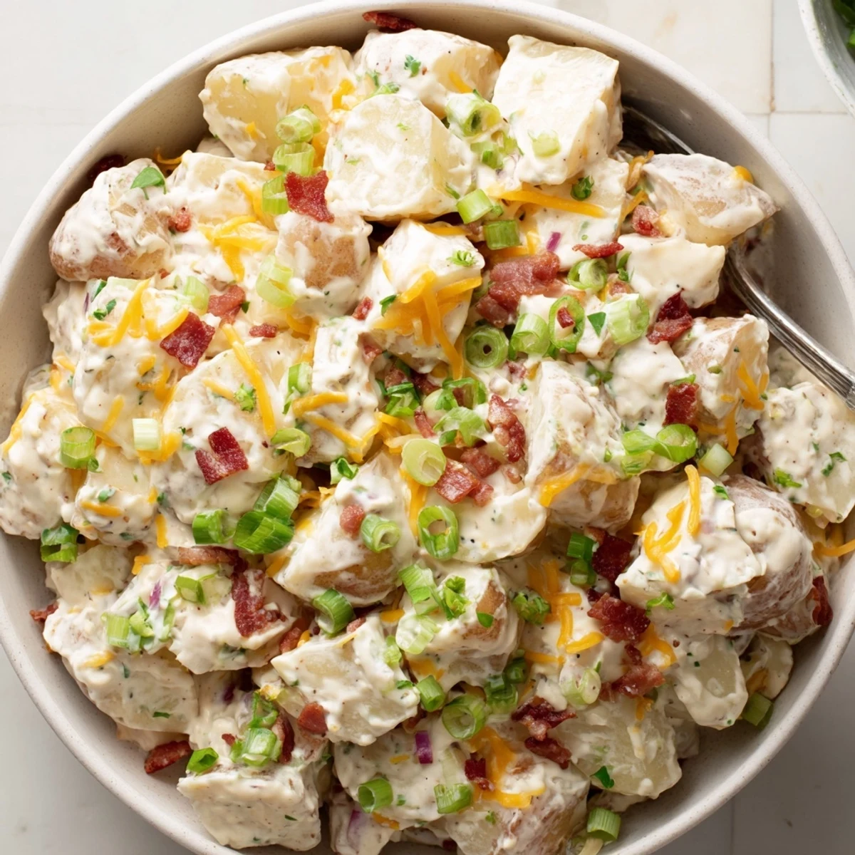 Crowd-size Beef Bacon Loaded Potato Salad tossed warm with celery, green onions
