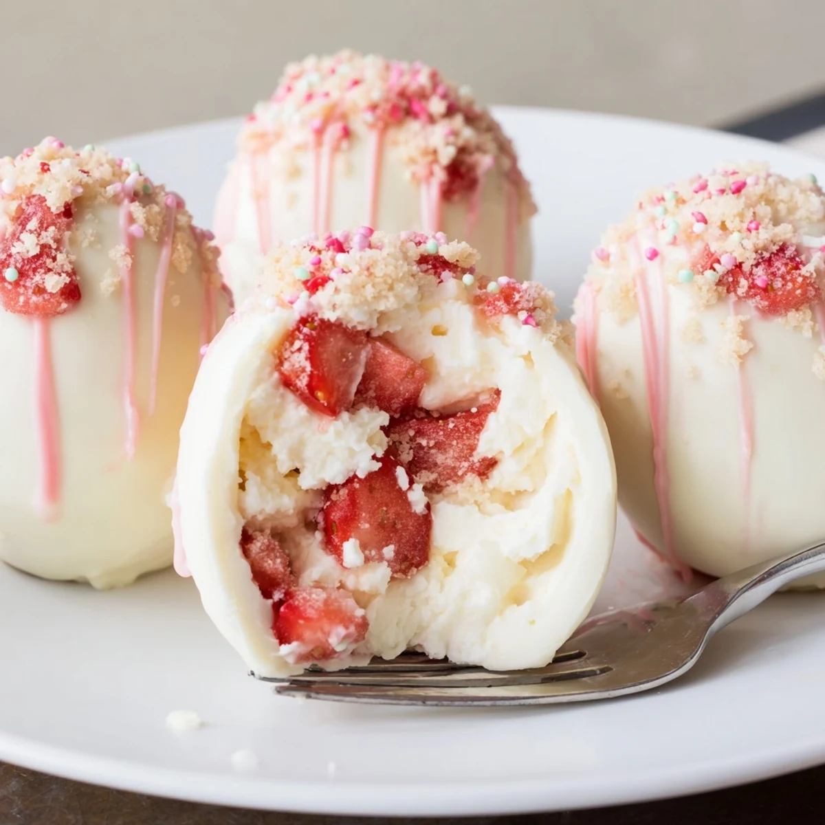 Strawberry Shortcake Easter Egg Bombs with creamy whipped filling and crushed shortcake