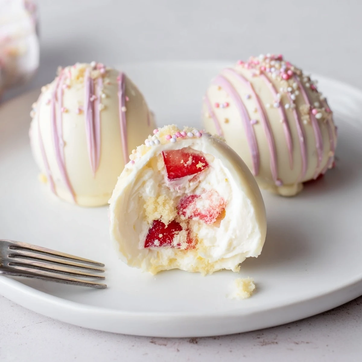 Handheld Strawberry Shortcake Easter Egg Bombs, white chocolate shells and macerated berries