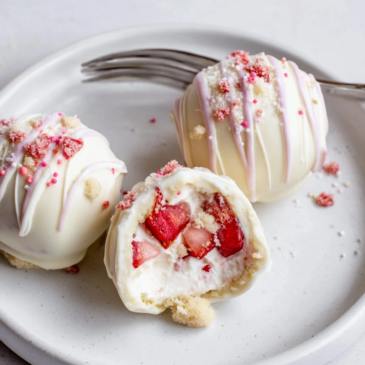 Chilled Strawberry Shortcake Easter Egg Bombs drizzled in chocolate with colorful spring sprinkles