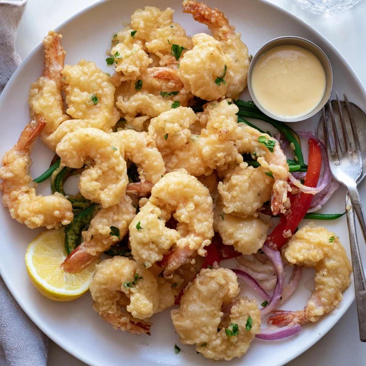 A steaming Crispy Shrimp Fritto Misto with parsley, aioli for dipping  