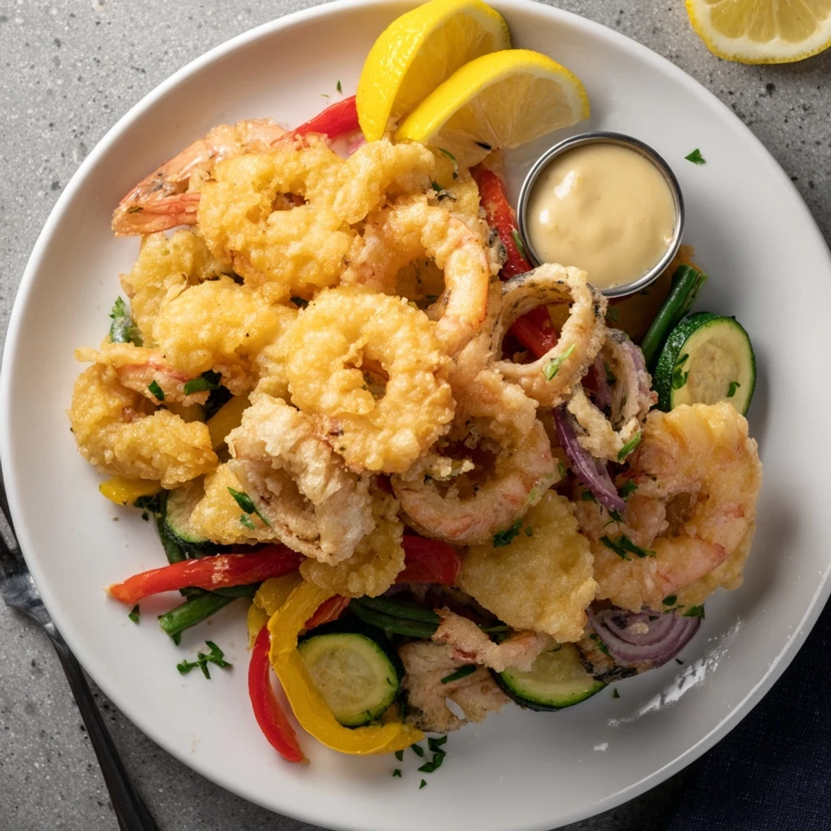 Crispy Shrimp Fritto Misto piled on platter, golden crunch, lemon wedges  