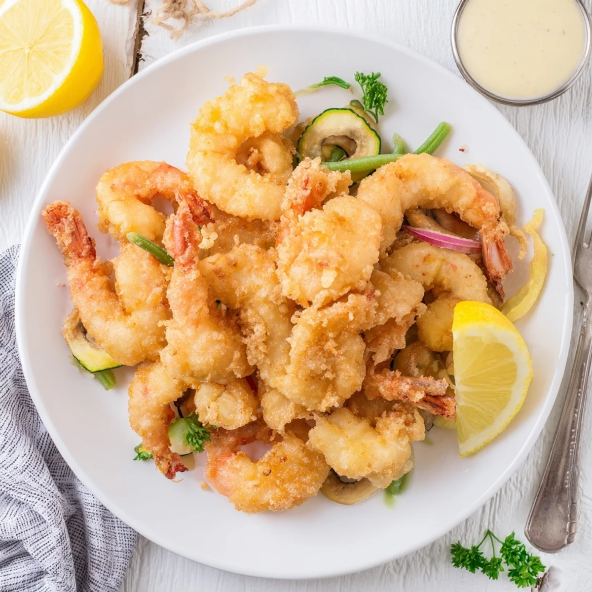 Crispy Shrimp Fritto Misto arranged with zucchini and peppers, light batter