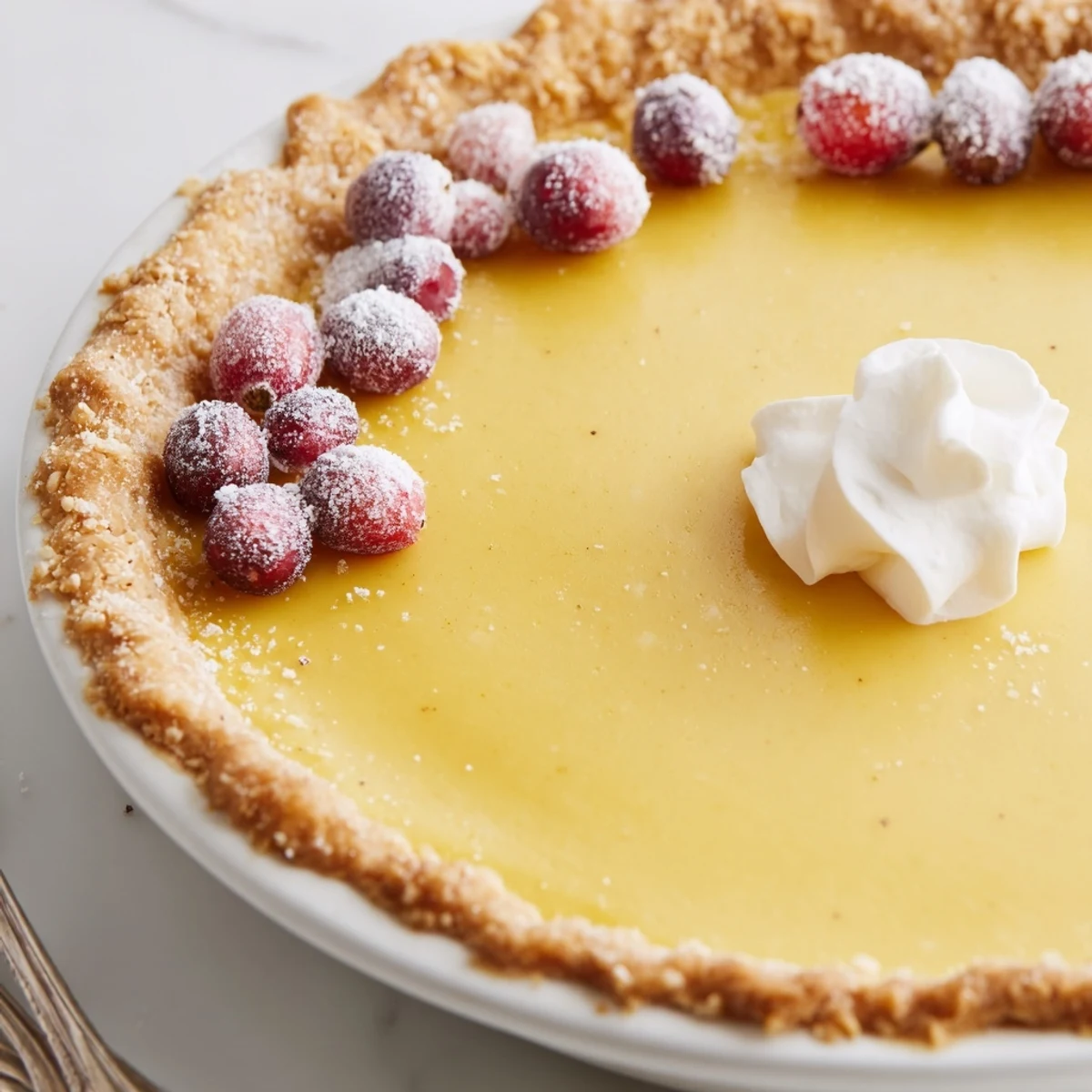 Sliced Christmas Eve Custard Pie With Cinnamon Vanilla served with whipped cream