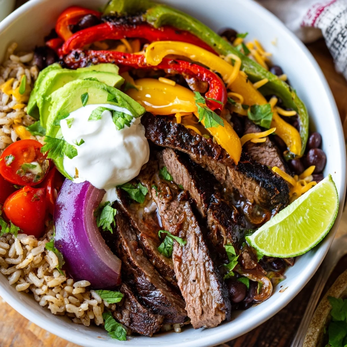 Colorful Steak Fajita Power Bowls on warm rice, black beans, lime wedges.
