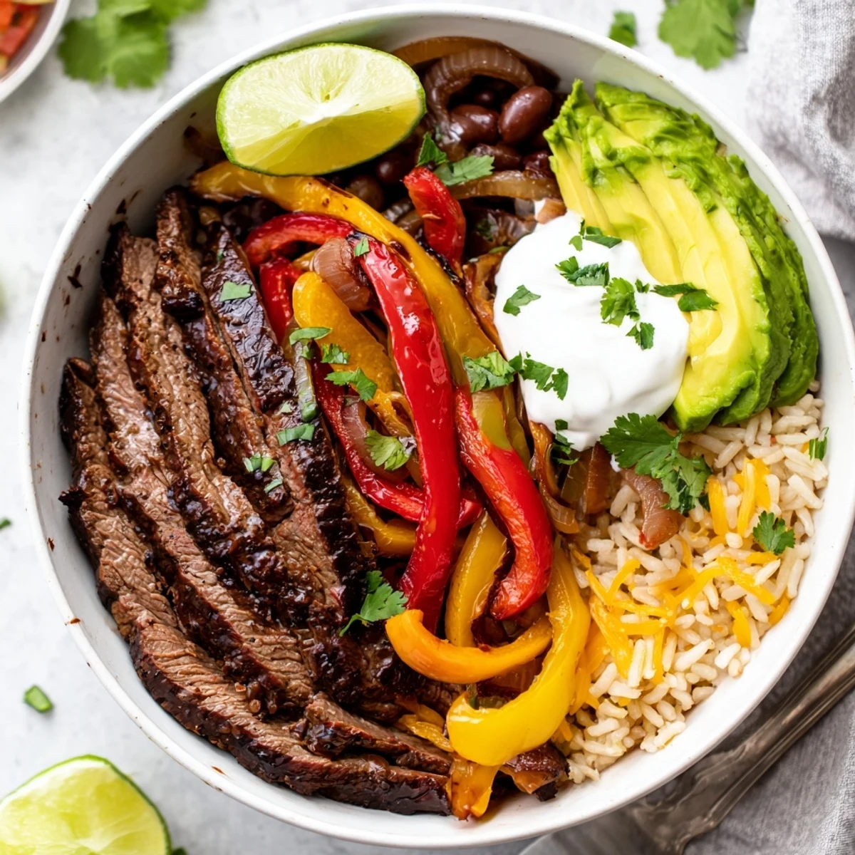 Family-style Steak Fajita Power Bowls topped with cilantro, cheddar, tangy Greek yogurt.