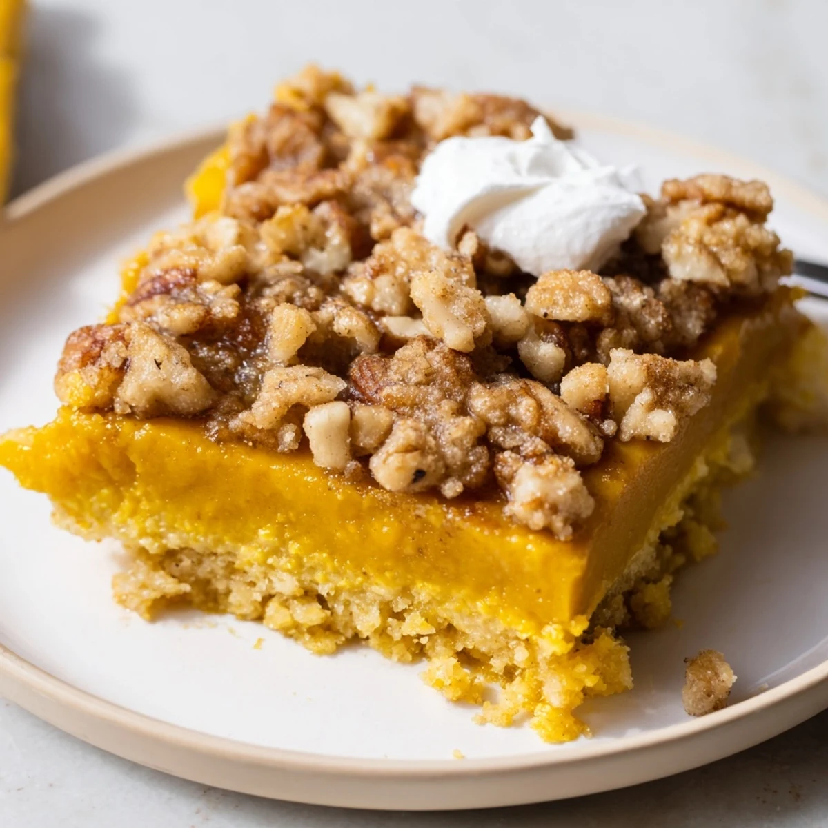 Warm Pumpkin Dump Cake with creamy spiced pumpkin and crunchy pecan topping.