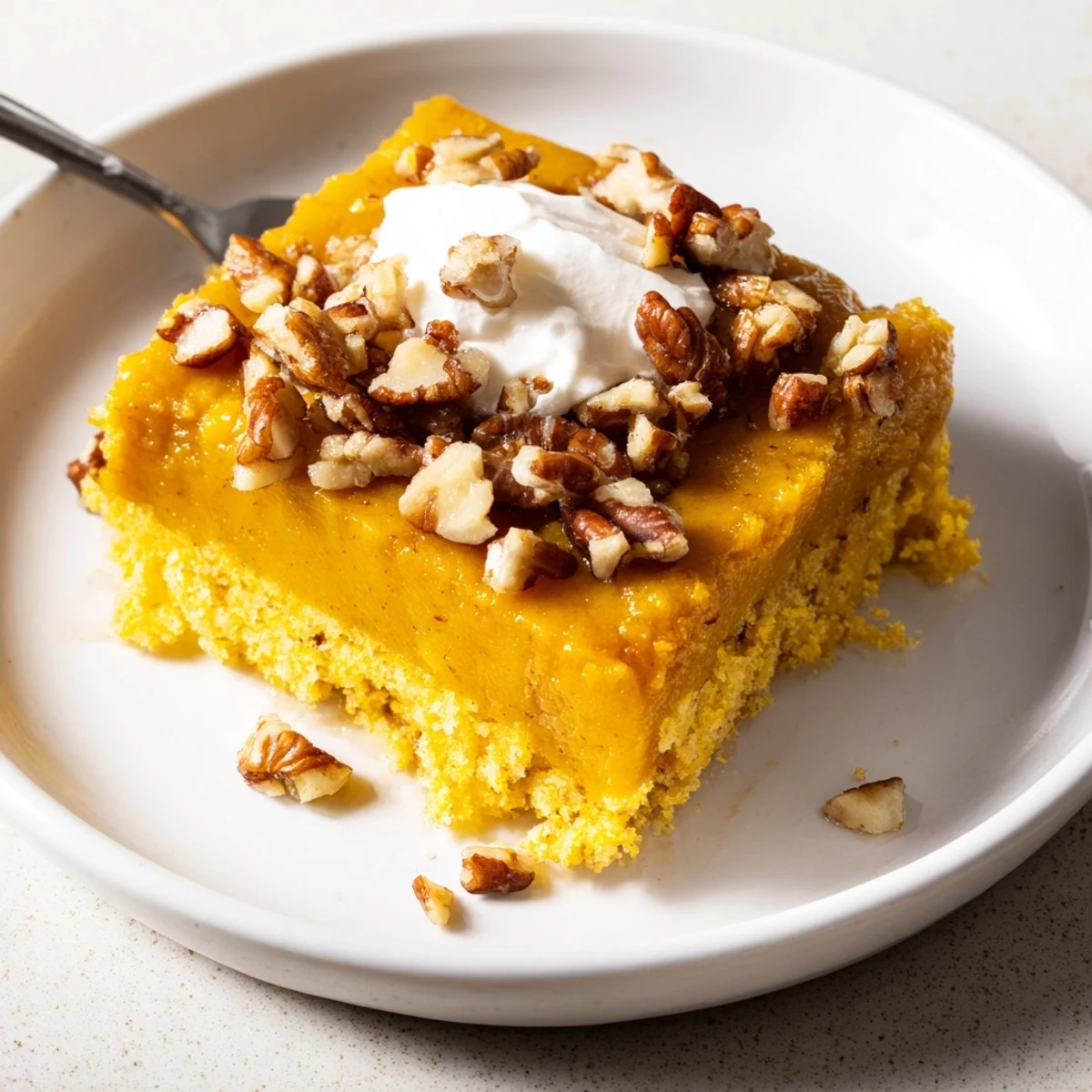 Golden Pumpkin Dump Cake cooling in a 9x13 pan, smells like autumn.