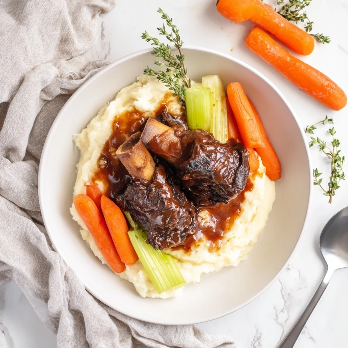 Slow Cooker Beef Short Ribs glistening in rich sauce over mashed potatoes