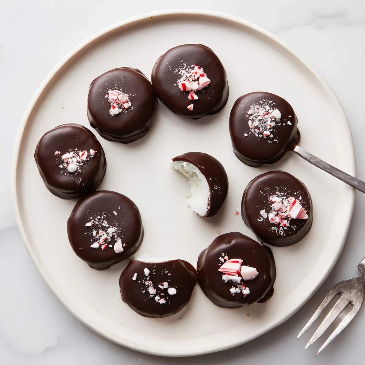 Glossy dark chocolate Peppermint Patties stacked on parchment, mint filling visible.