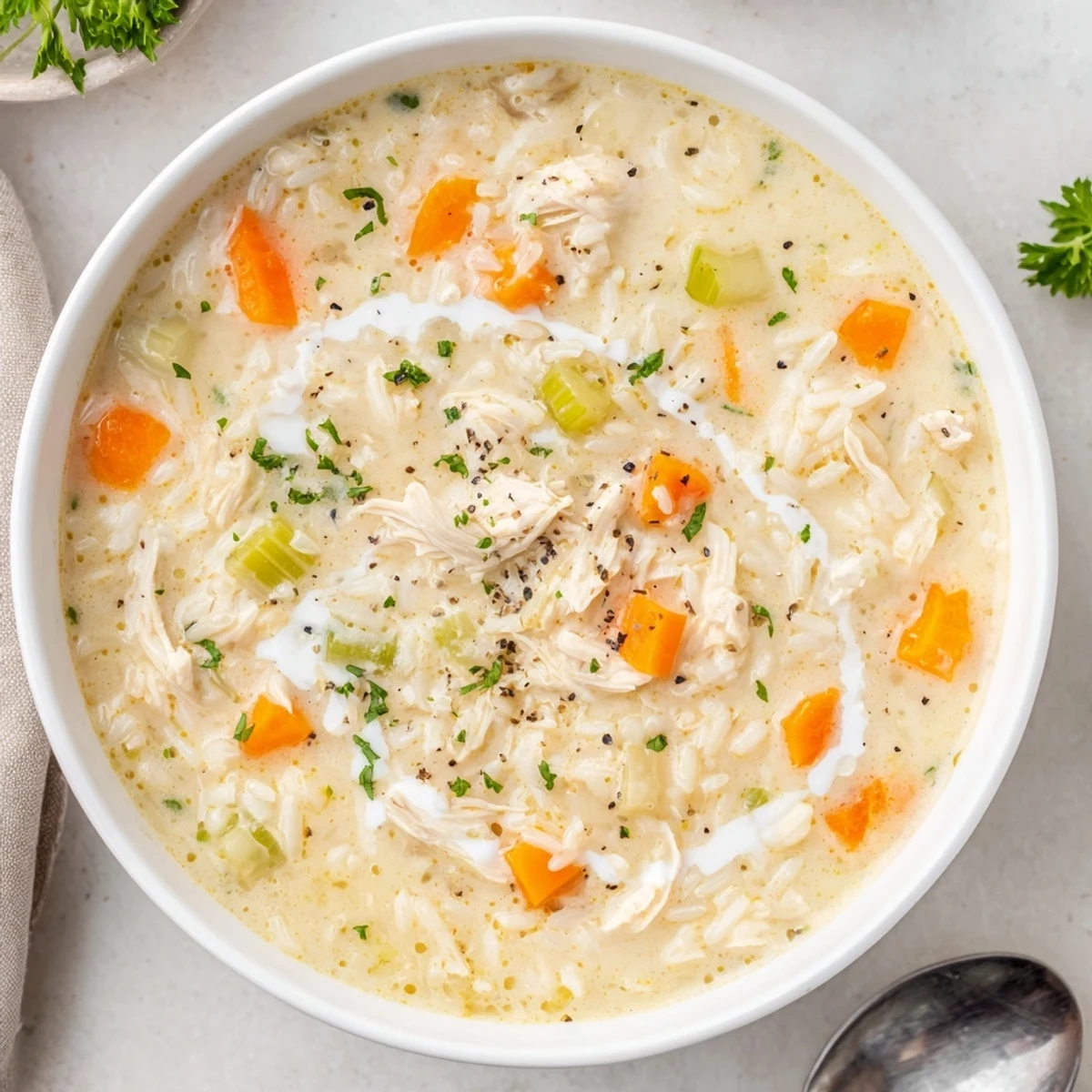 Creamy Chicken Rice Soup steaming in a bowl, tender chicken, silky broth.