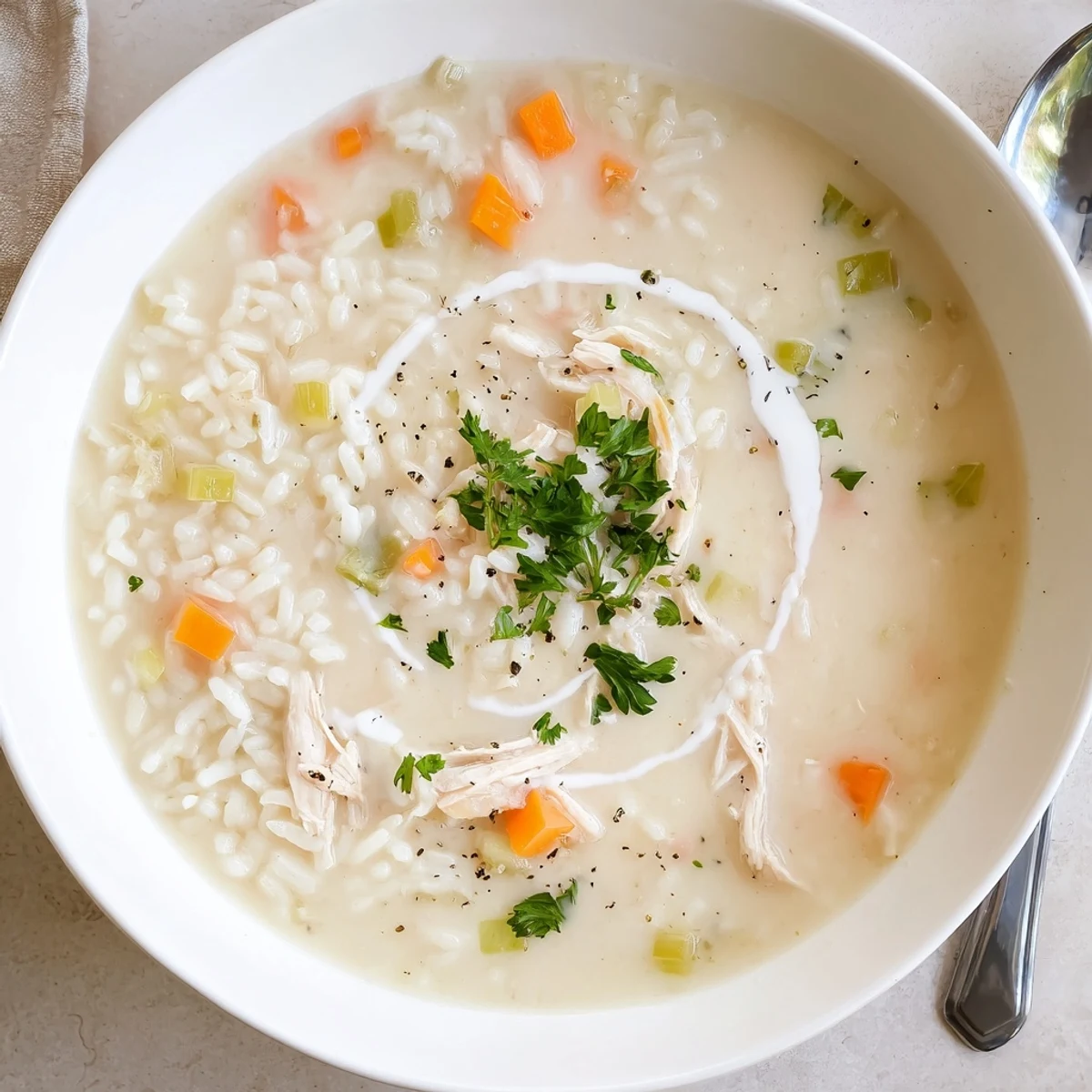 Hearty spoonful of Creamy Chicken Rice Soup with carrots and thyme.