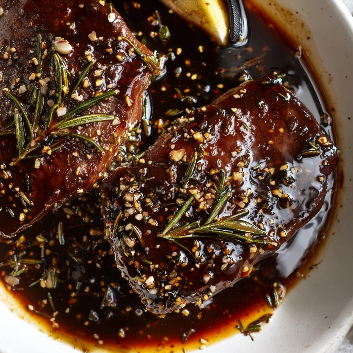 Steak Marinade glistening on raw ribeyes, garlic aroma ready for grilling