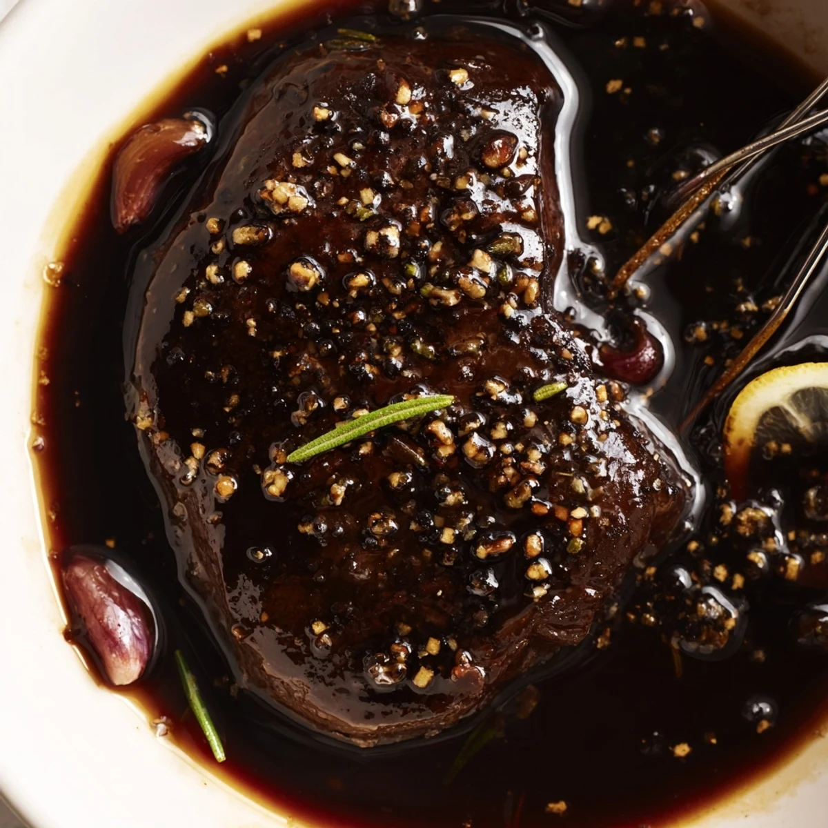 Homemade Steak Marinade in bowl, tangy balsamic and lemon notes