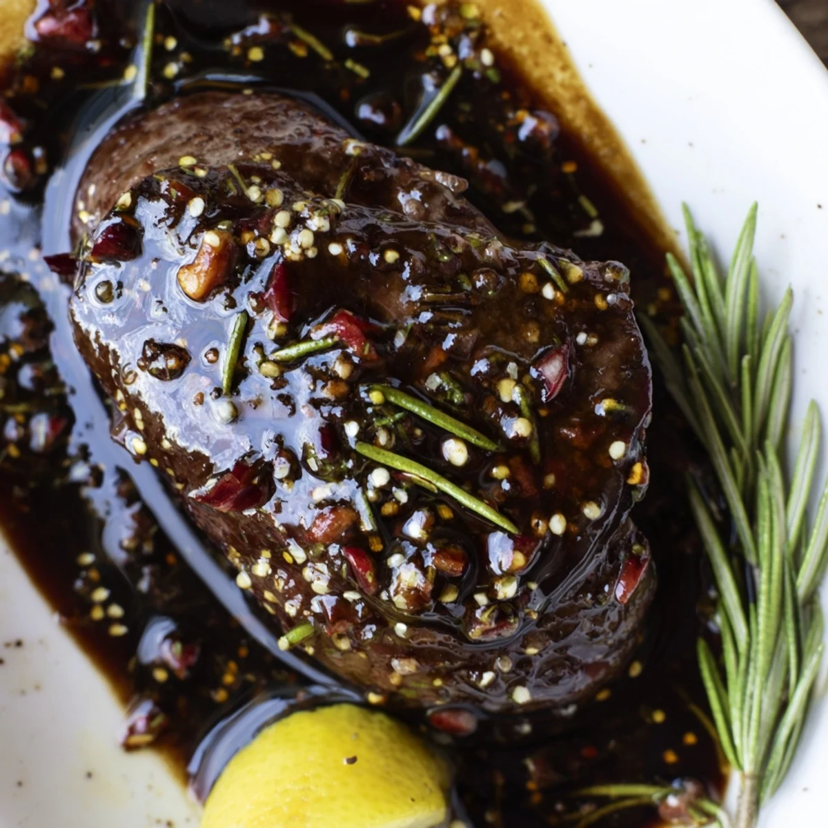 Jar of Steak Marinade beside raw steaks, rosemary flecks and oil sheen