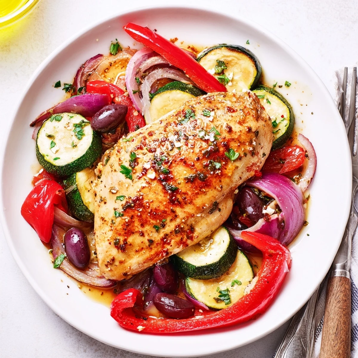 Roasted golden vegetables and juices surround Sheet Pan Mediterranean Chicken Zucchini, ready-to-serve.
