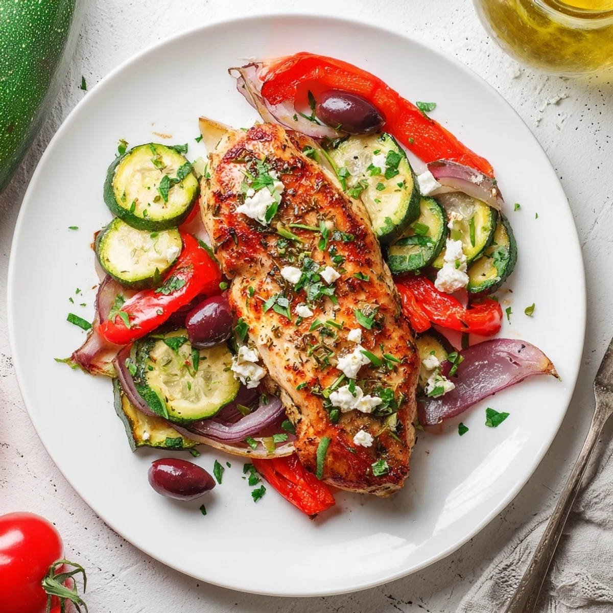 Sheet Pan Mediterranean Chicken Zucchini with lemony garlic glaze, olives, and melting feta.