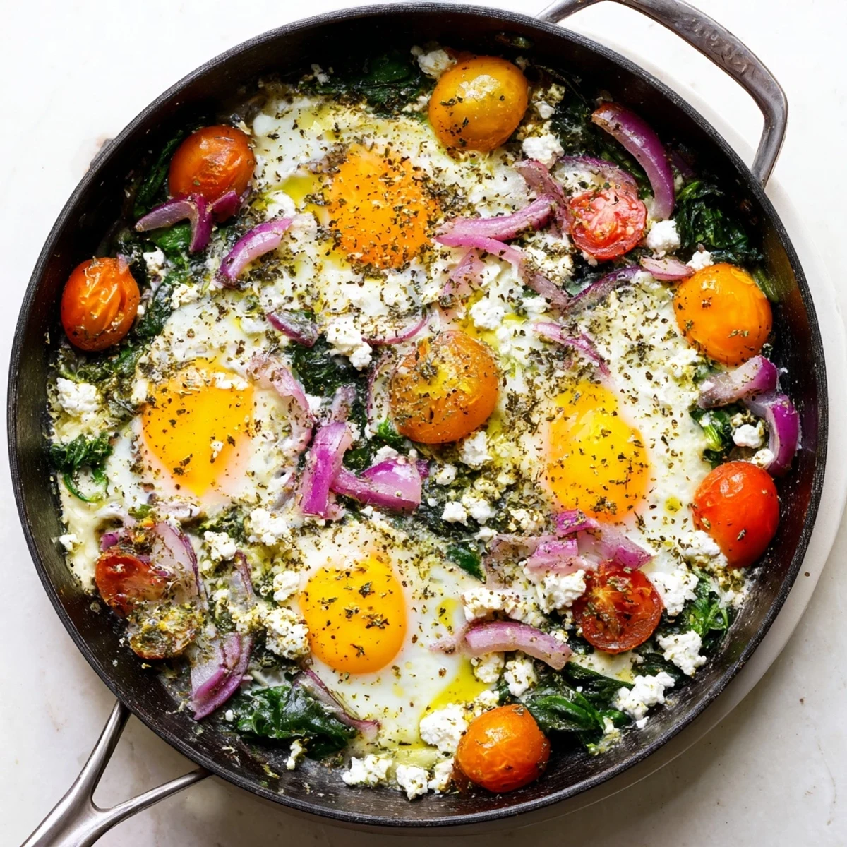 Golden baked feta eggs with juicy tomatoes and wilted spinach in a cast iron skillet