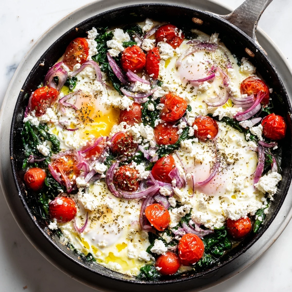 Mediterranean baked feta eggs dish featuring perfectly cooked eggs with melted cheese and vibrant vegetables