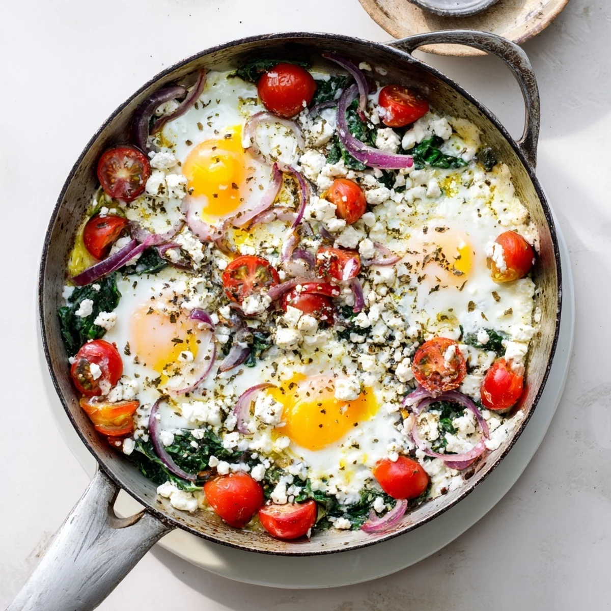 Creamy baked feta eggs nestled among cherry tomatoes and fresh spinach, ready for brunch