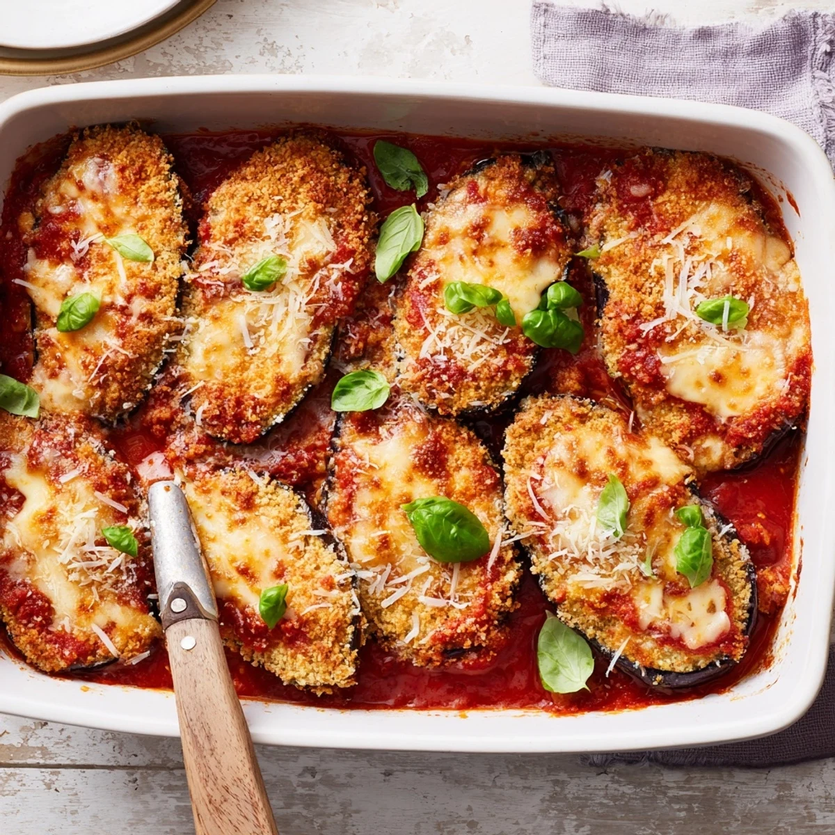 Golden baked eggplant parmesan casserole with bubbling melted mozzarella and rich marinara sauce