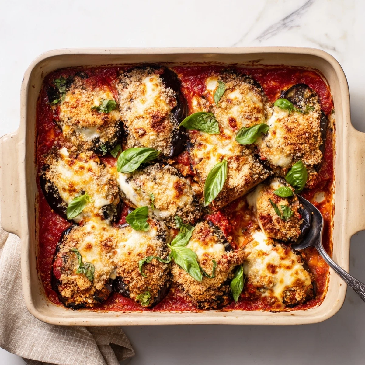 Homemade eggplant parmesan baked until bubbly with tender breaded slices and savory tomato sauce